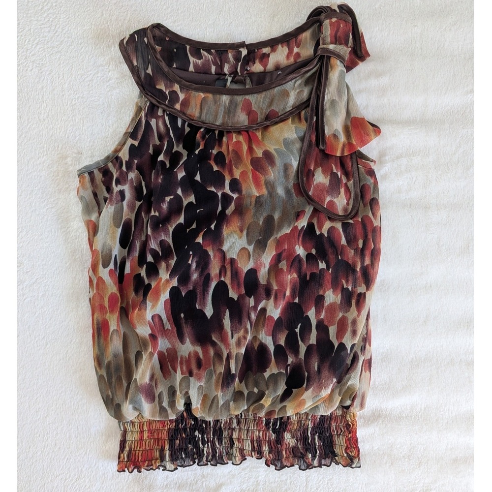 BCX Blouse Brown Abstract Bow Shoulder Smocked Hem Sz M Office Earth Tones